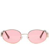 Occhiale con lente rosa a goccia.