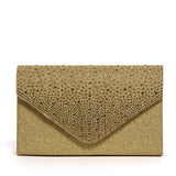 Pochette in raso oro con cristalli.