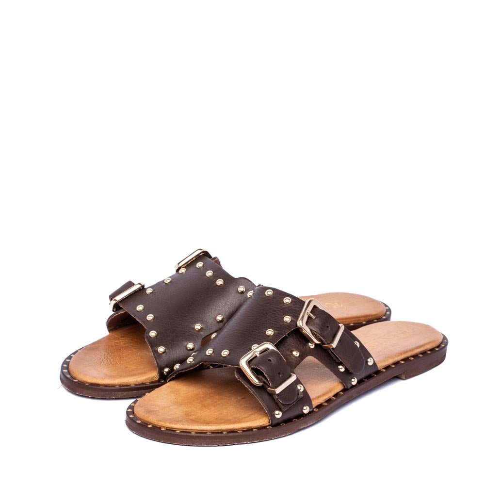 Sandalo ciabattina in pelle marrone con borchie - TreemmeCreazioni