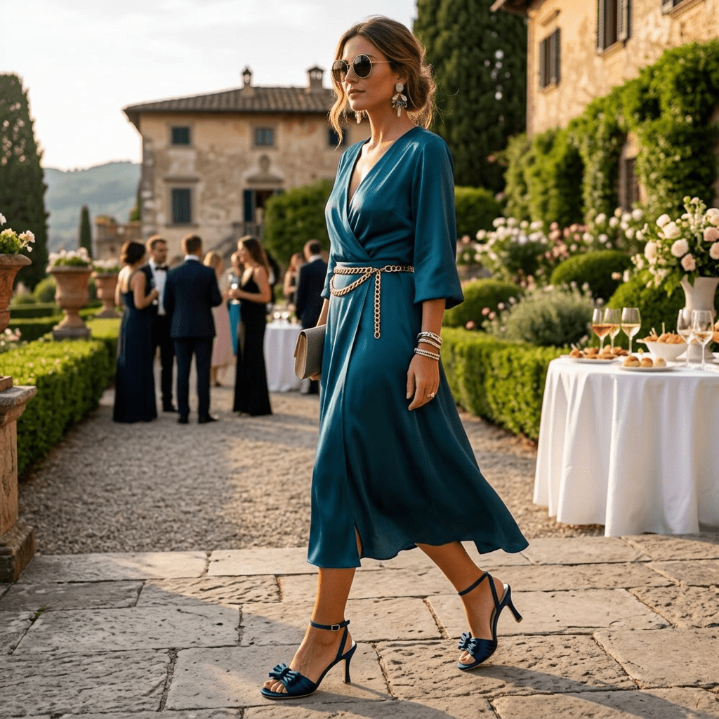 Sandalo elegante in raso blu con fiocchetti. - TreemmeCreazioni