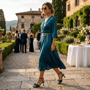 Sandalo elegante in raso blu con fiocchetti. - TreemmeCreazioni