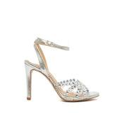 Sandalo in laminato argento con strass