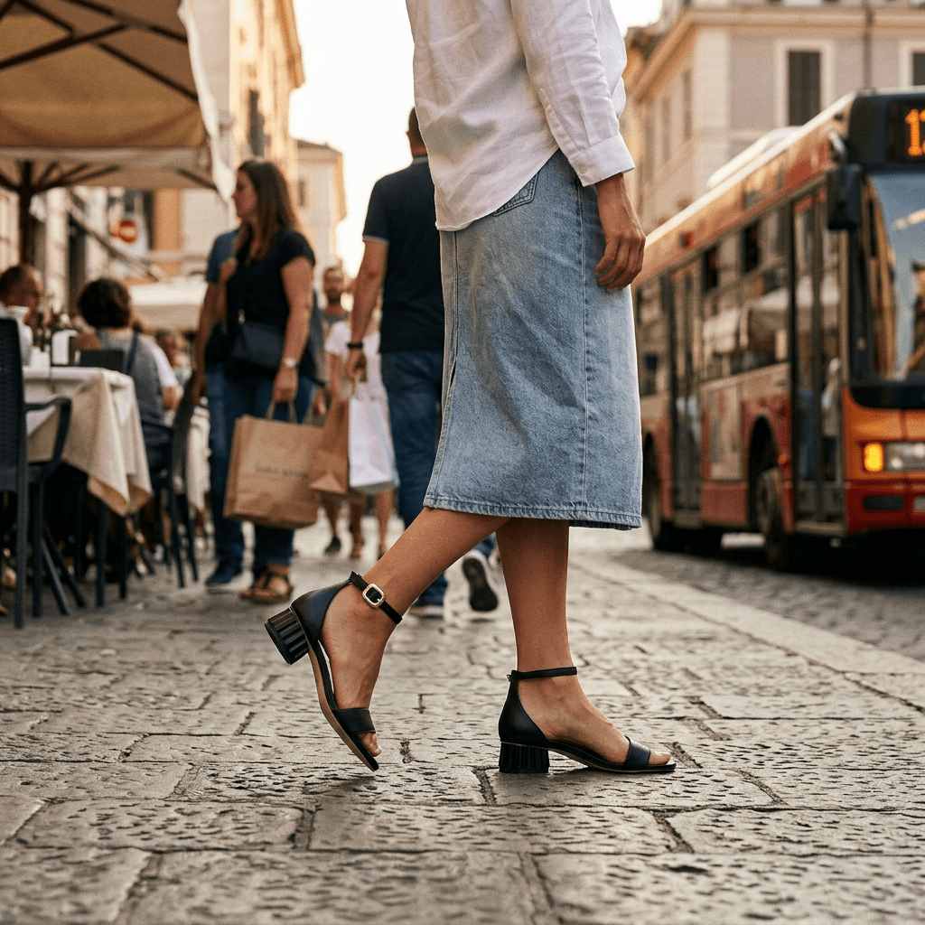 Sandalo in pelle nera con tacco basso. - TreemmeCreazioni