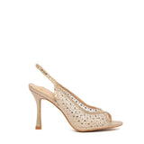 Sandalo in tessuto mesh dorato con cristalli