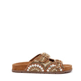 Sandalo slide in paillettes camel.