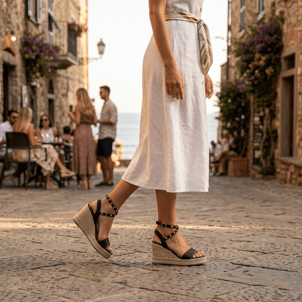 Sandalo zeppa in vitello nero con borchie - TreemmeCreazioni