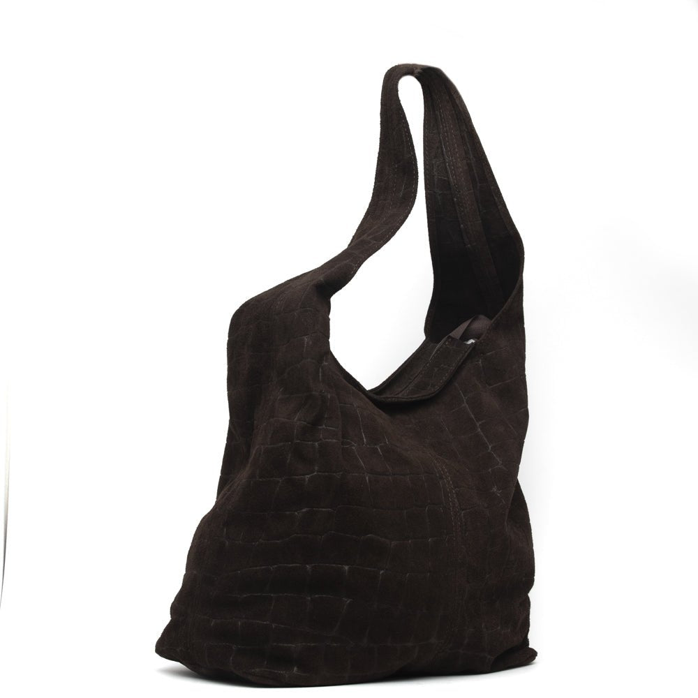 Shopper a spalla in pelle scamosciata cioccolata. - TreemmeCreazioni