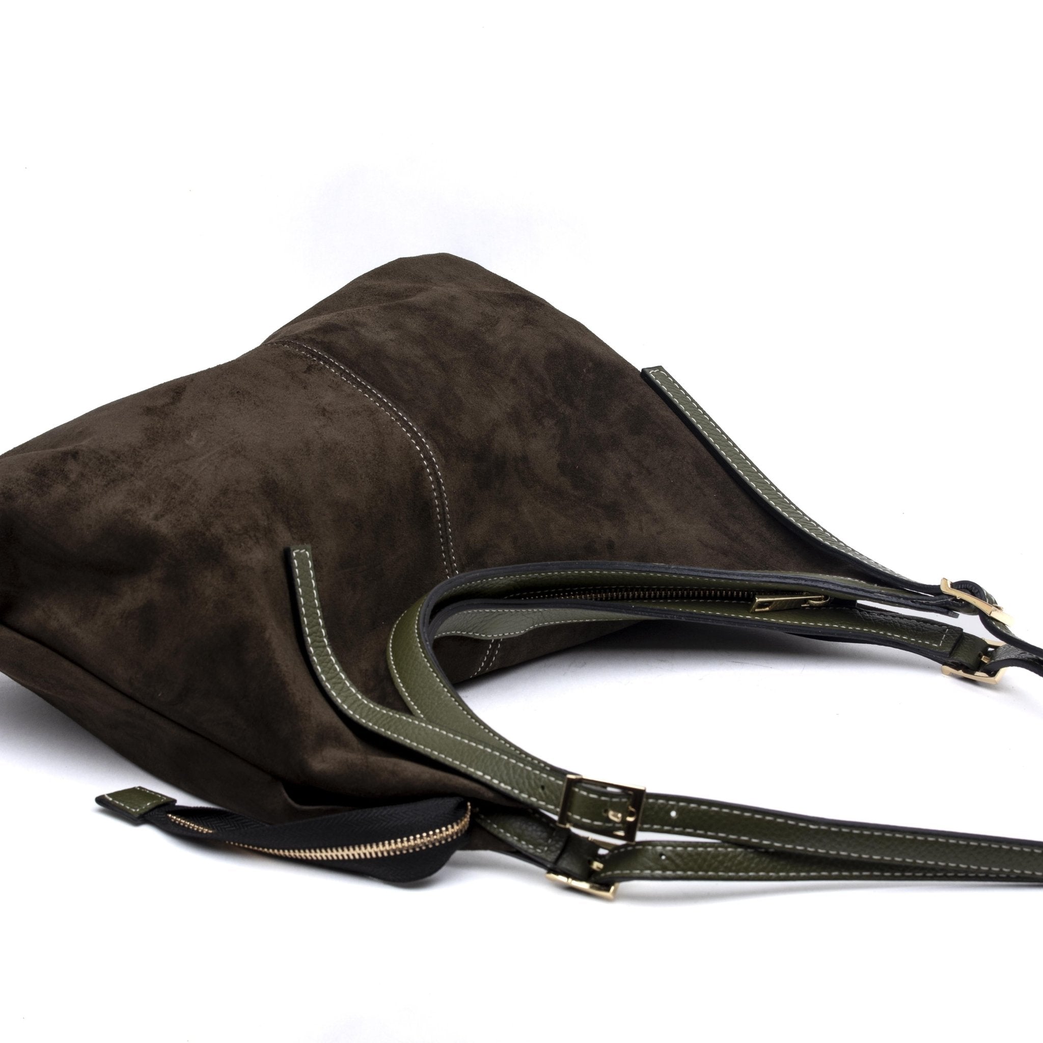 Shopper a spalla in pelle scamosciata verde. - TreemmeCreazioni