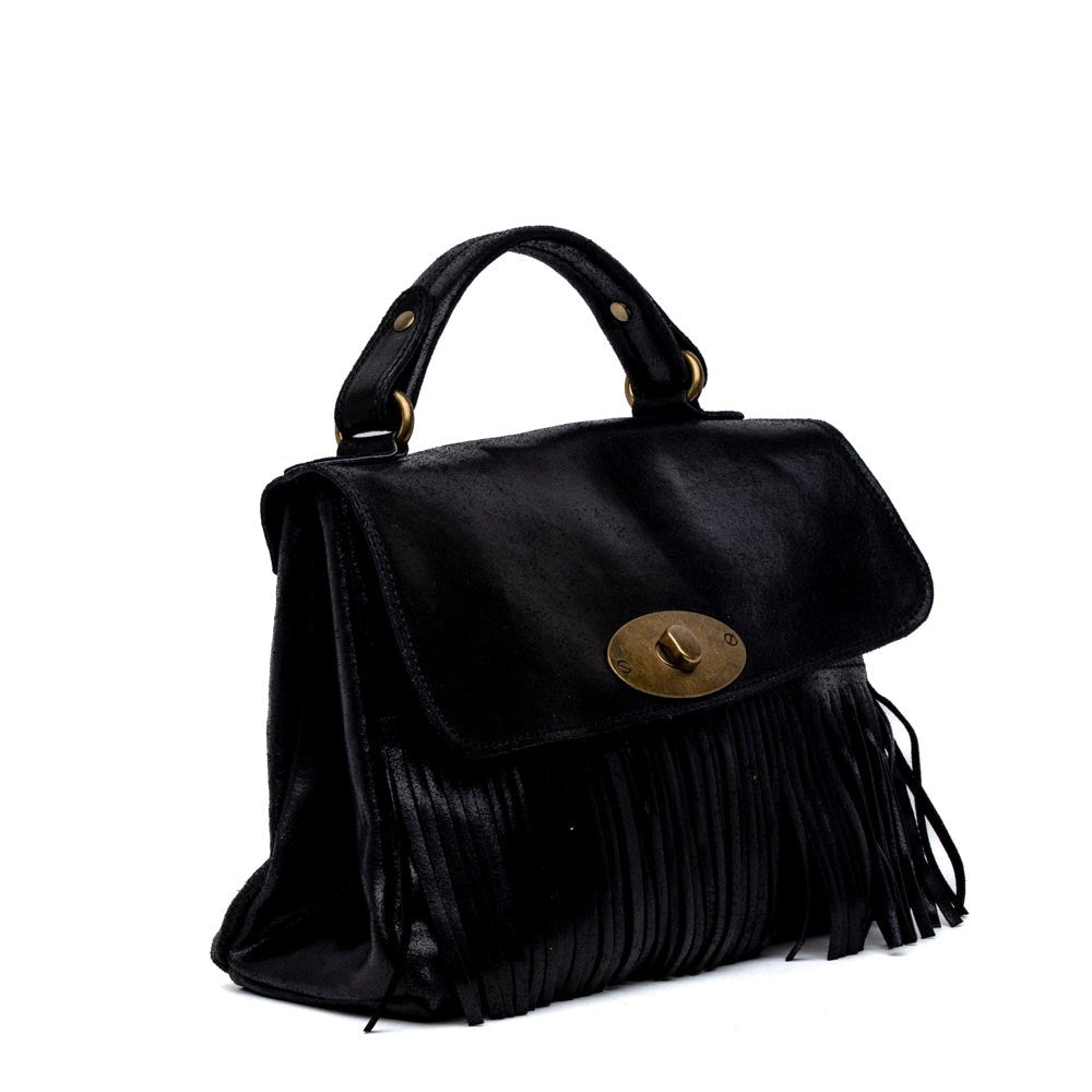Shopper modello postina con frange in pelle nera - TreemmeCreazioni