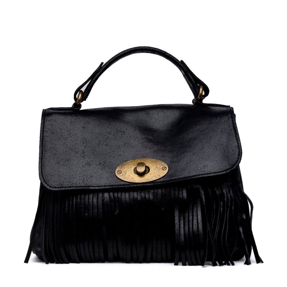 Shopper modello postina con frange in pelle nera - TreemmeCreazioni