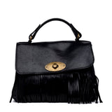 Shopper modello postina con frange in pelle nera