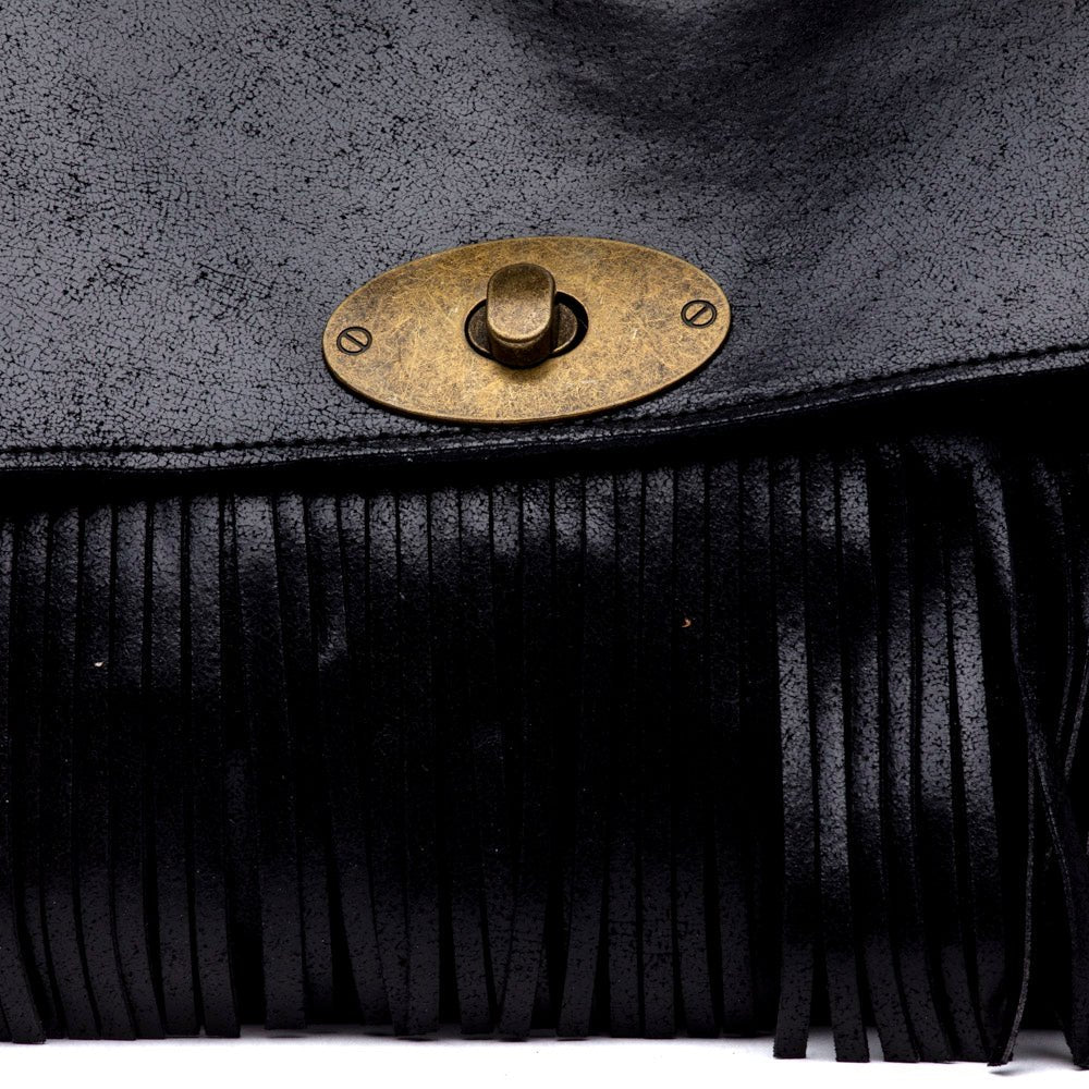 Shopper modello postina con frange in pelle nera - TreemmeCreazioni