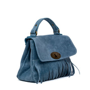 Shopper modello postina in camoscio azzurro con frange - TreemmeCreazioni