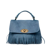 Shopper modello postina in pelle azzurro con frange