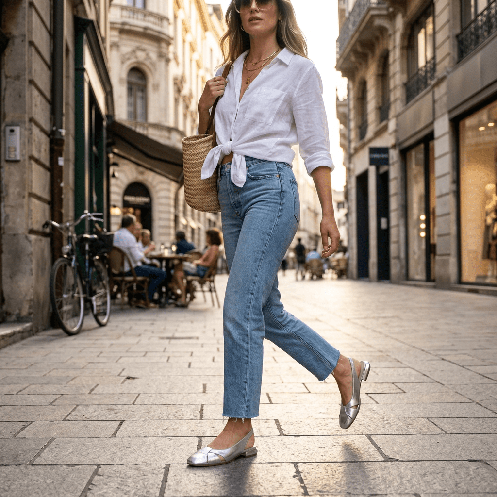 Slingback bassa in laminato argento. - TreemmeCreazioni