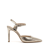 Slingback in laminato platino con tacco.