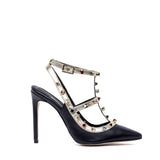 Slingback in pelle nera con borchie e cristalli.