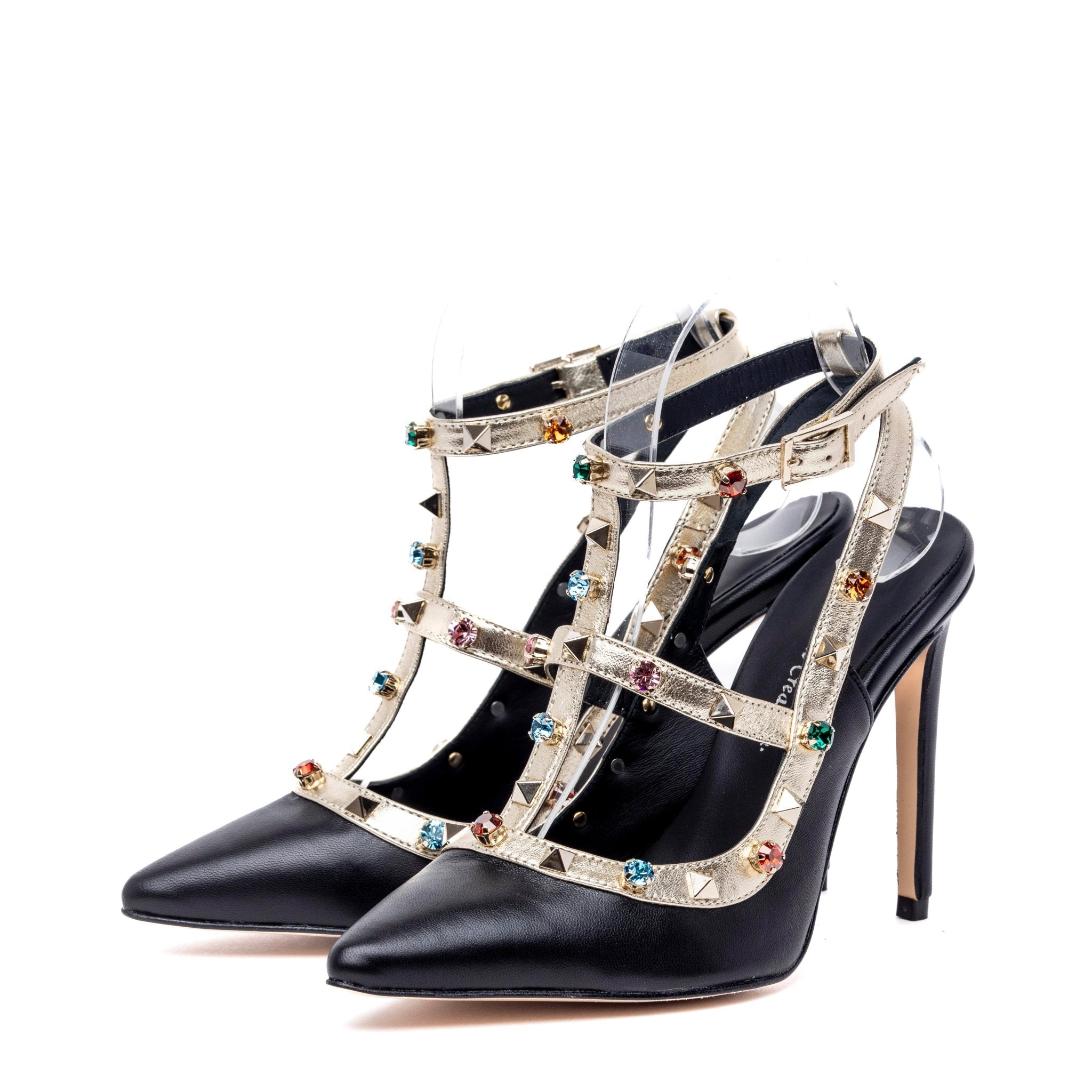 Slingback in pelle nera con borchie e cristalli. - TreemmeCreazioni