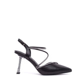 Slingback in pelle nera con profili in strass.