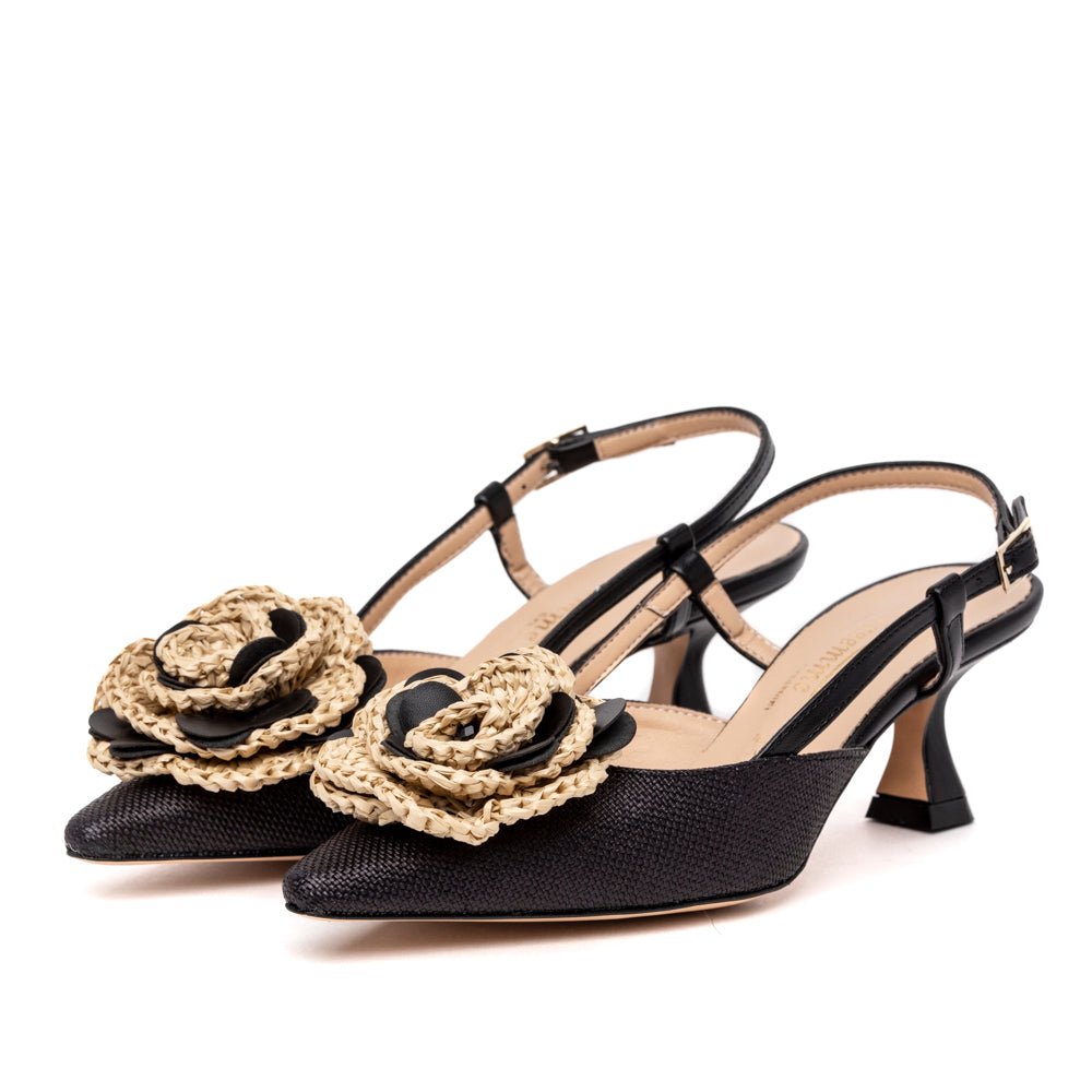 Slingback in rafia cerata nera con rosa - TreemmeCreazioni