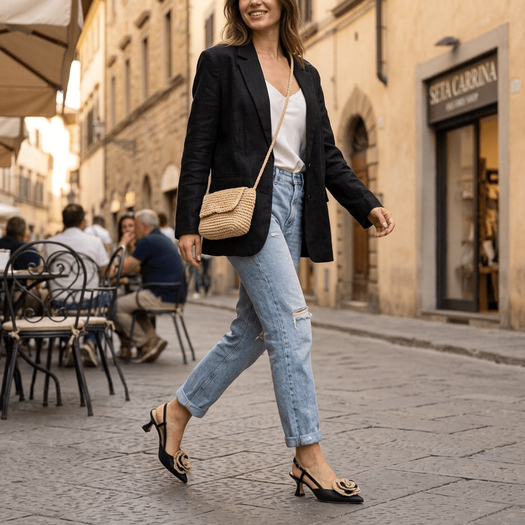 Slingback in rafia cerata nera con rosa - TreemmeCreazioni