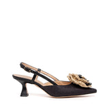 Slingback in rafia cerata nera con rosa