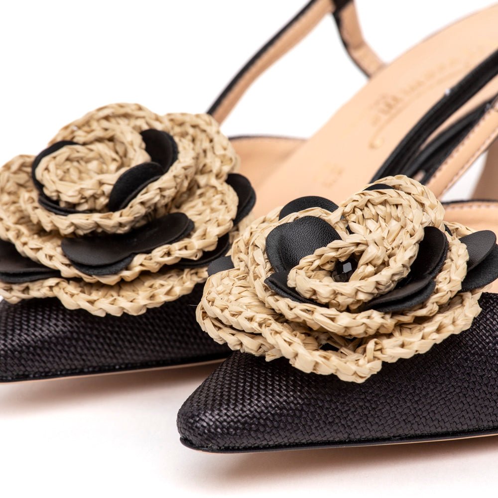Slingback in rafia cerata nera con rosa - TreemmeCreazioni