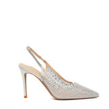 Slingback in tessuto mesh argentato con cristalli