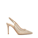 Slingback in tessuto mesh dorato con cristalli