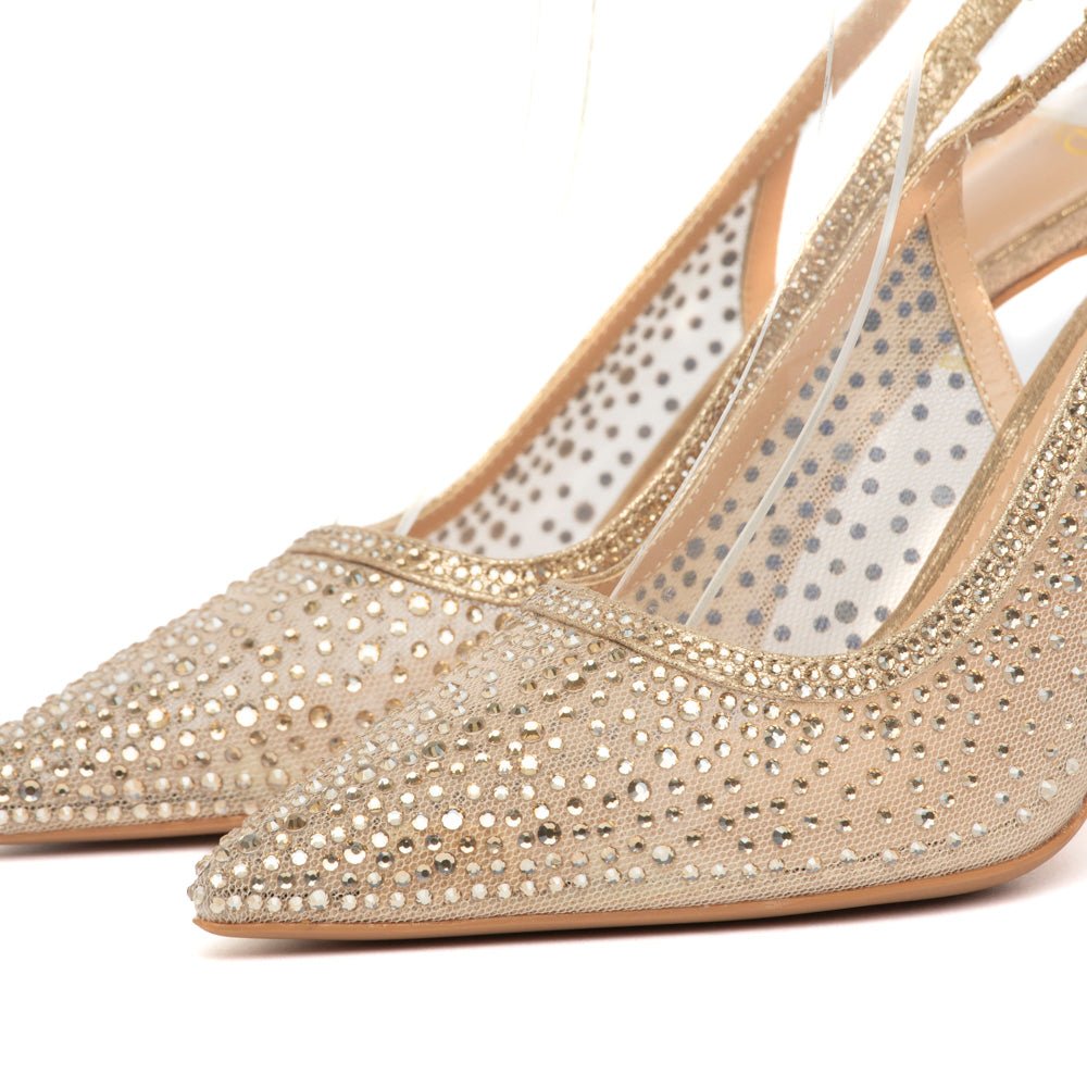 Slingback in tessuto mesh dorato con cristalli - TreemmeCreazioni