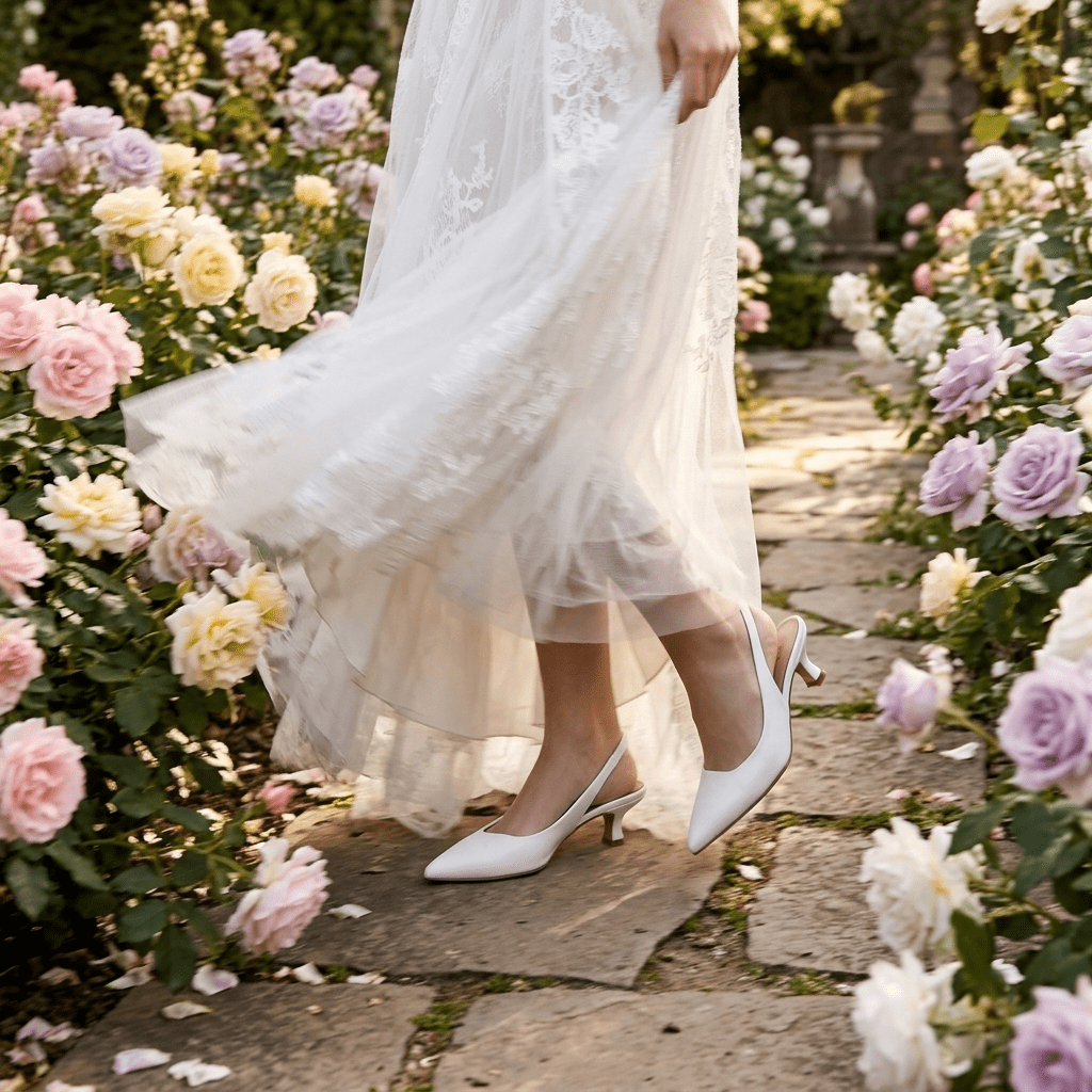 Slingback Sposa in liz bianco con tacco basso. - TreemmeCreazioni