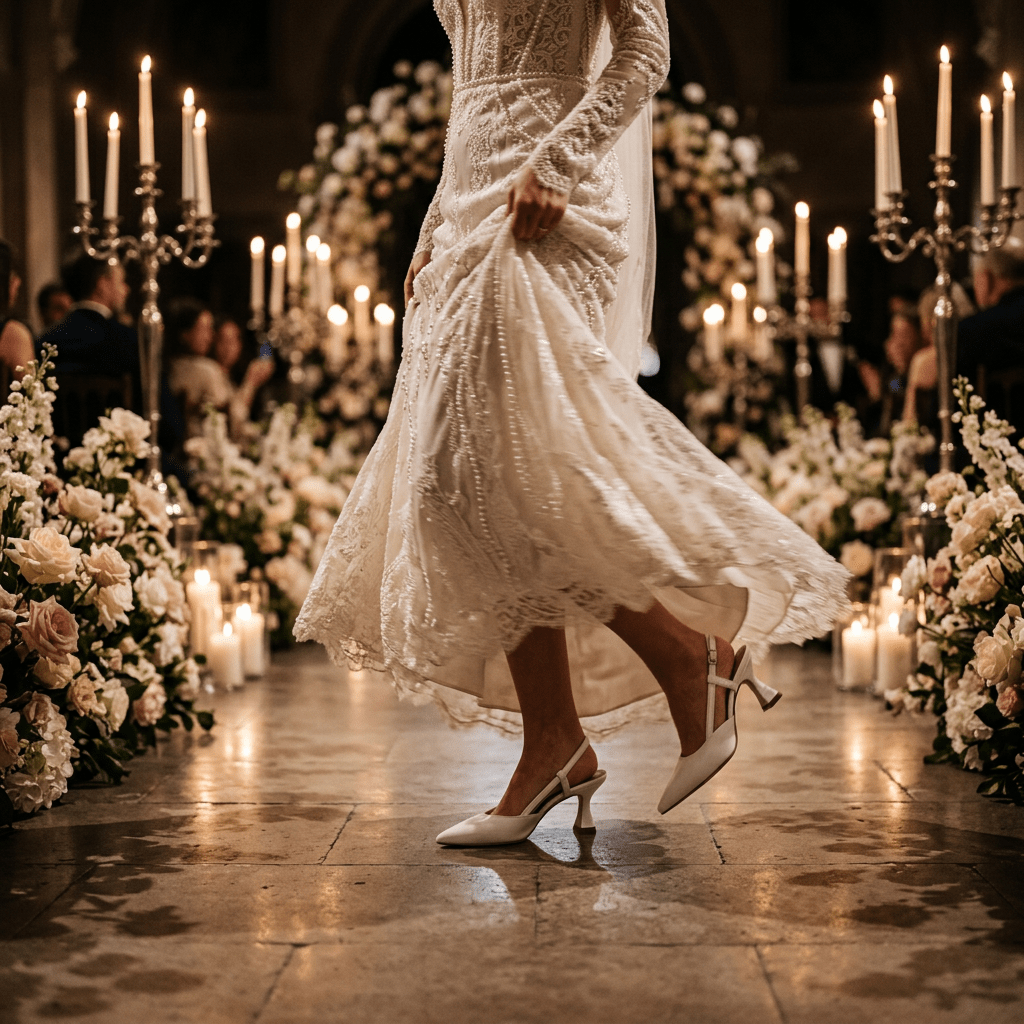 Slingback Sposa in liz bianco con tacco rocchetto. - TreemmeCreazioni