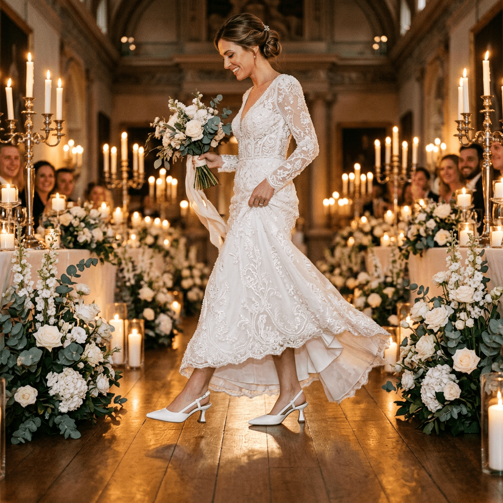 Slingback Sposa in liz bianco con tacco rocchetto. - TreemmeCreazioni
