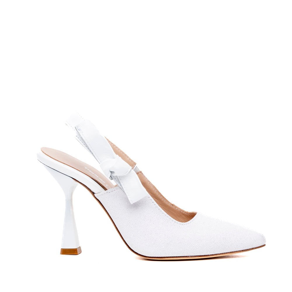 Slingback Sposa in tessuto glitterato bianco con fiocco. - TreemmeCreazioni