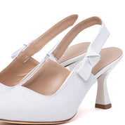 Slingback Sposa in tessuto glitterato bianco con fiocco. - TreemmeCreazioni