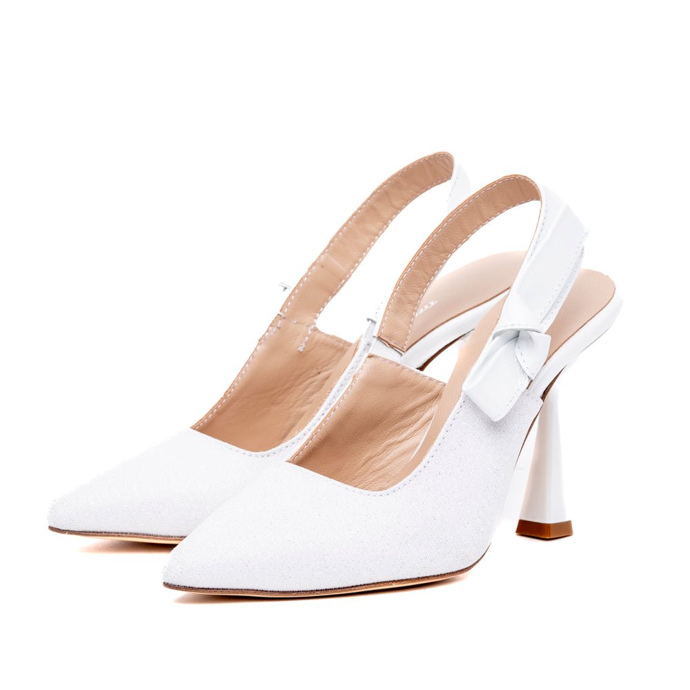 Slingback Sposa in tessuto glitterato bianco con fiocco. - TreemmeCreazioni