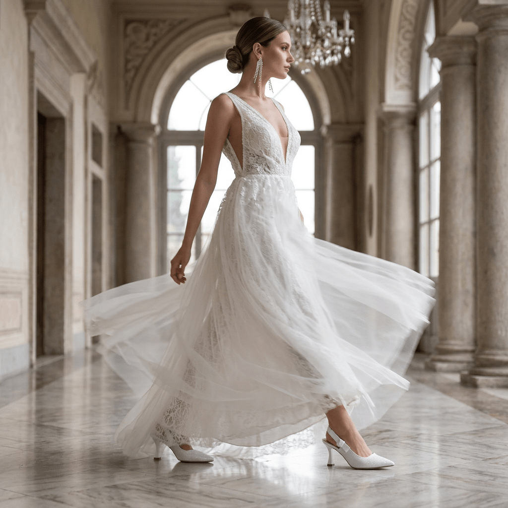 Slingback Sposa in tessuto glitterato bianco con fiocco. - TreemmeCreazioni