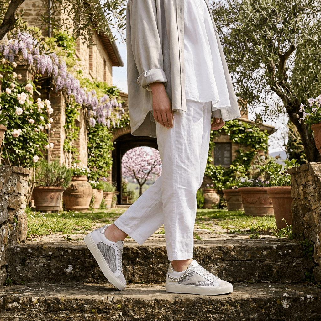 Sneakers in pelle e scamosciato ghiaccio con strass. - TreemmeCreazioni
