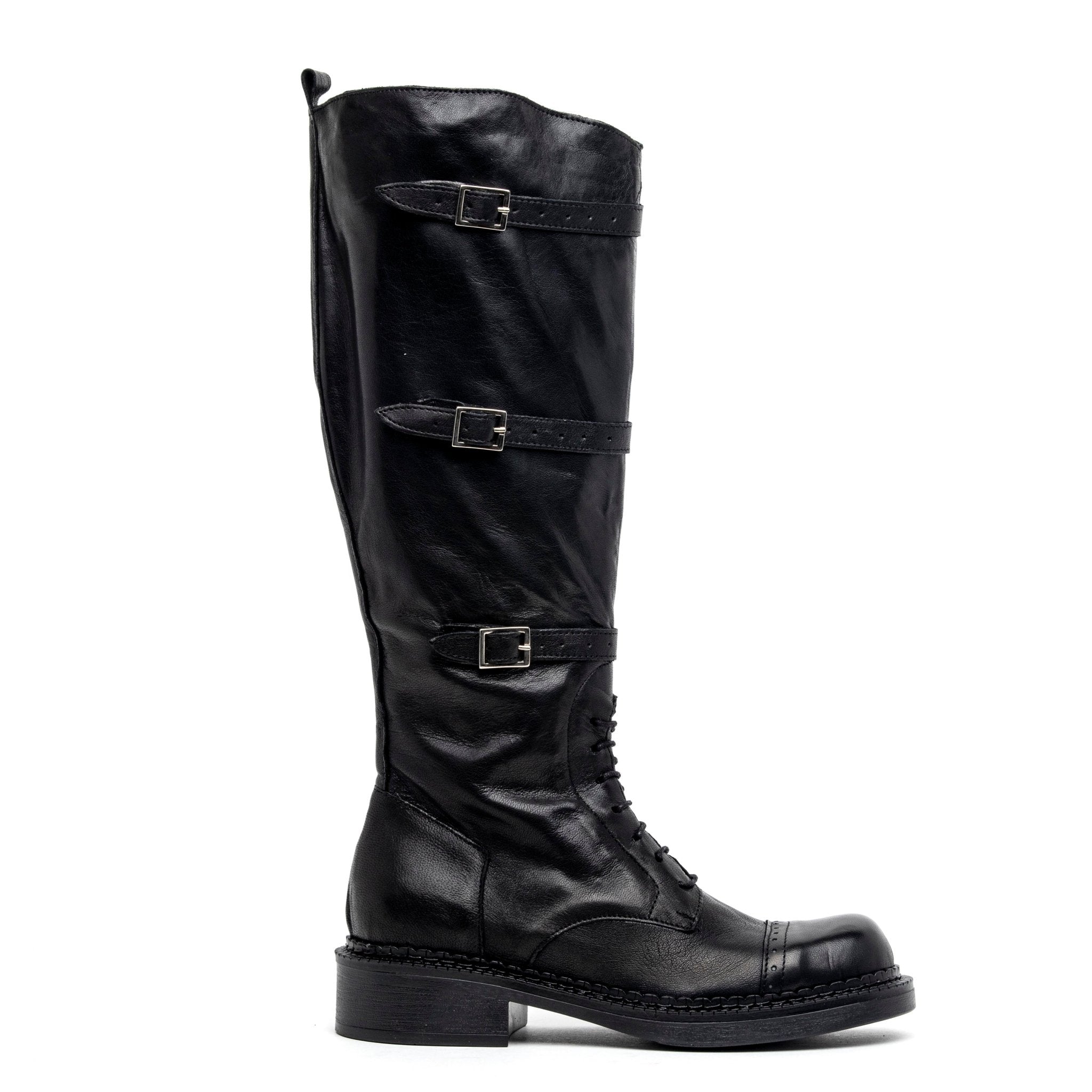 Stivale alto in vitello nero con fibbie. - TreemmeCreazioni