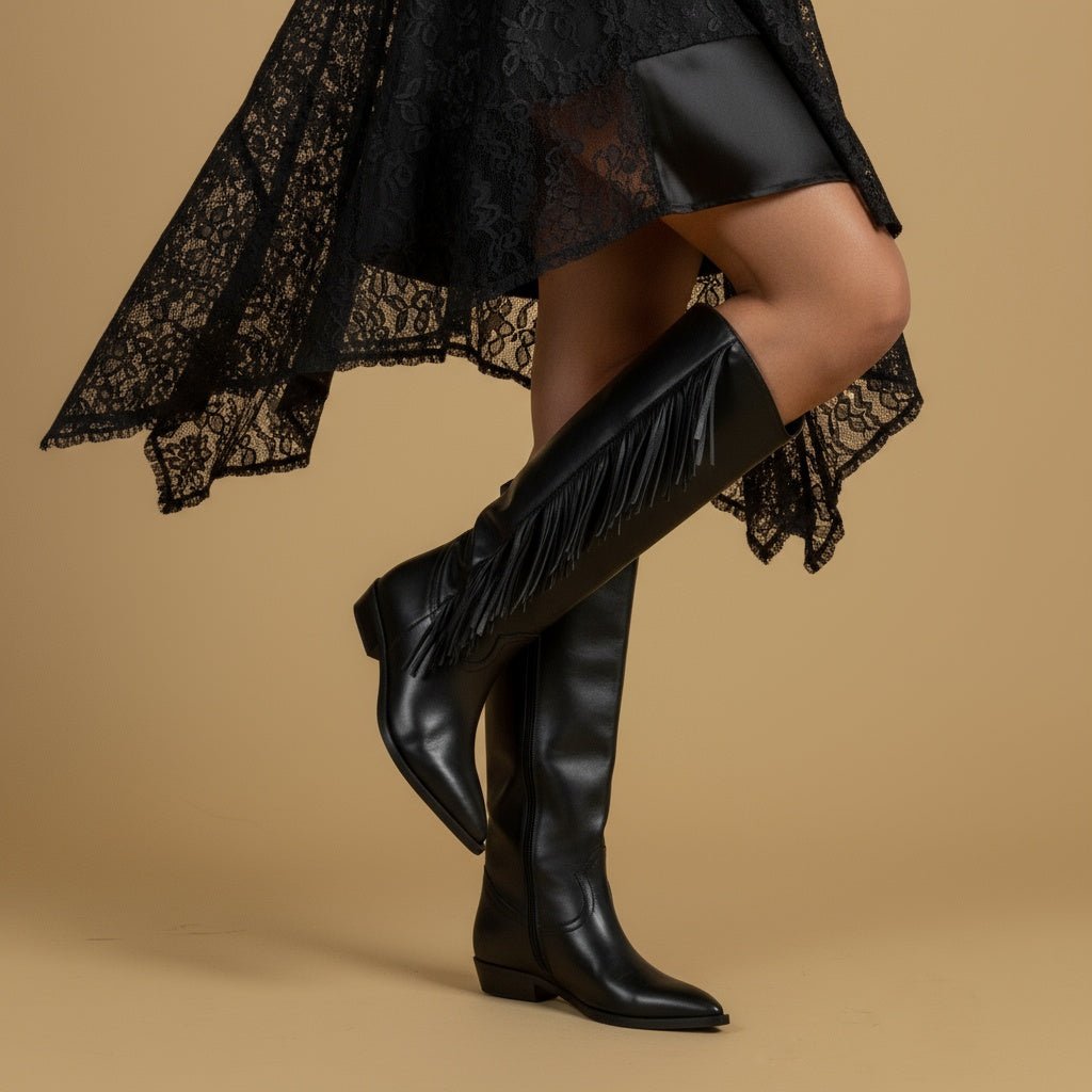 Stivale texano in vitello nero con frange. - TreemmeCreazioni