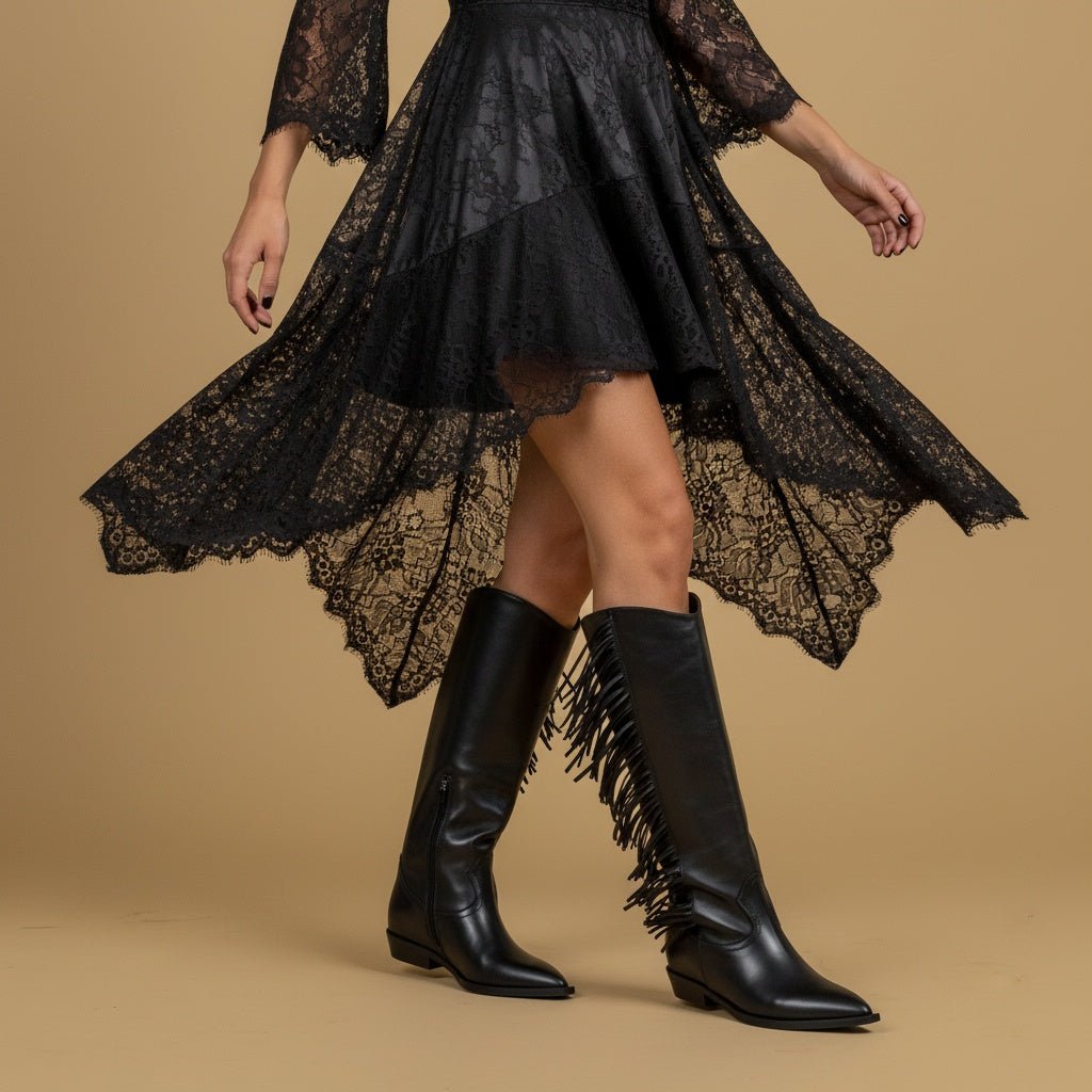 Stivale texano in vitello nero con frange. - TreemmeCreazioni