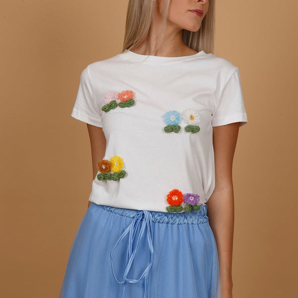 T-shirt bianca con fiori TreemmeCreazioni - Main Image