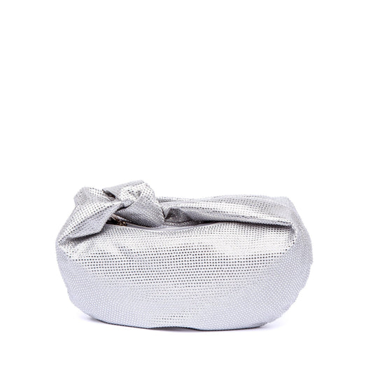 Mini bag in silver satin and rhinestones.