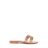 Mule in laminato oro rosa e strass.