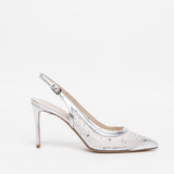 Slingback in pelle argento con rete.