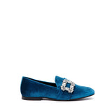 Slippers in teal velvet.