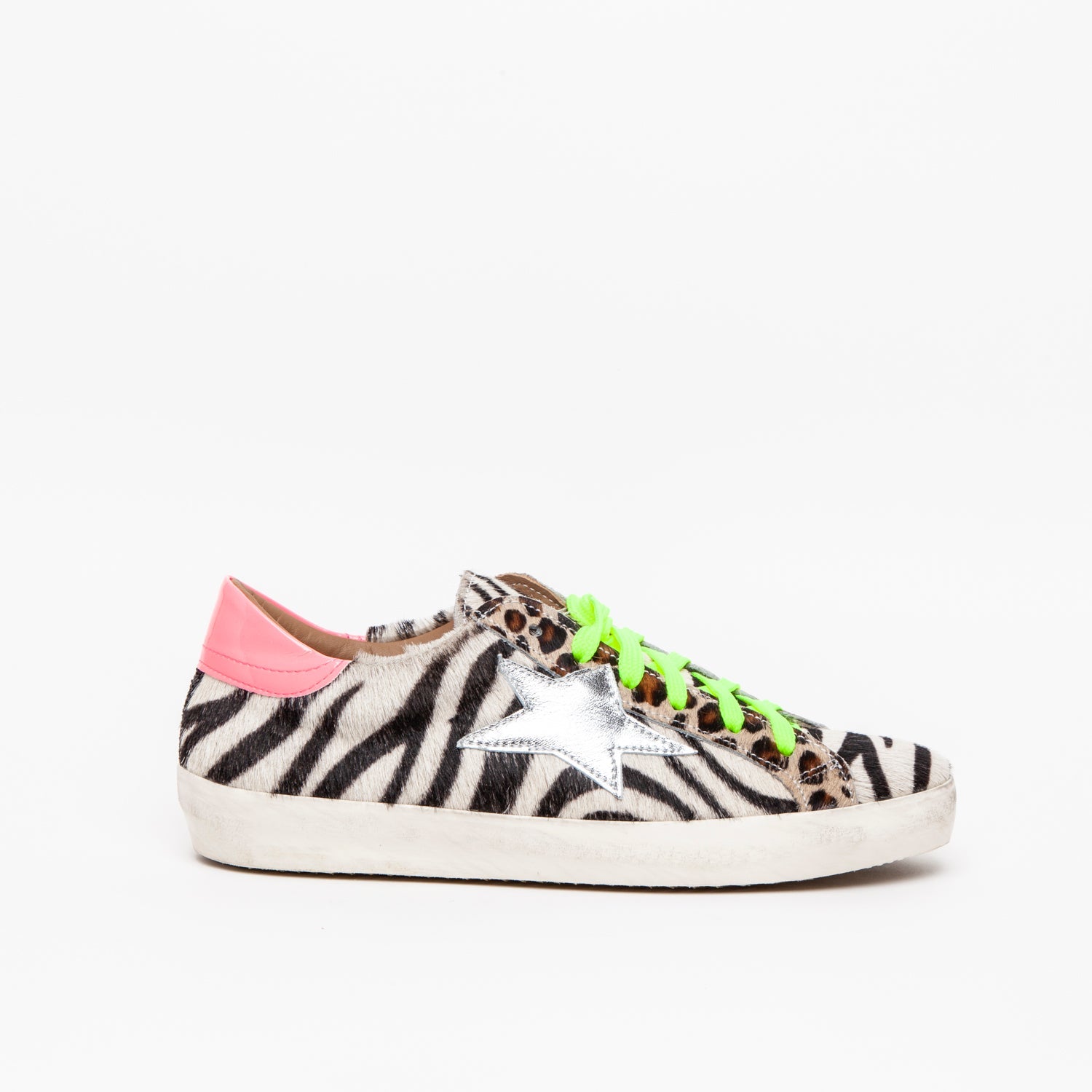 Zebra pony print sneakers with fluorescent fuchsia heel tab